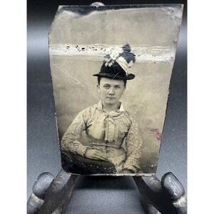 Antique Tintype Photo Young Woman Hat Portrait Victorian Era Collectible
